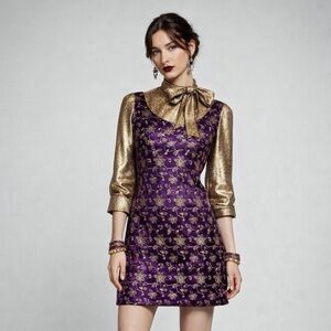 Vintage 90s Jessica McClintock Gunne Sax Purple Gold Brocade Mini Prom Dress XS